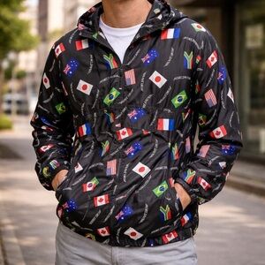 Forever 21 Windbreaker Jacket 1/4 Zip Mens Size Large Flag‎ Graphic Worldwide